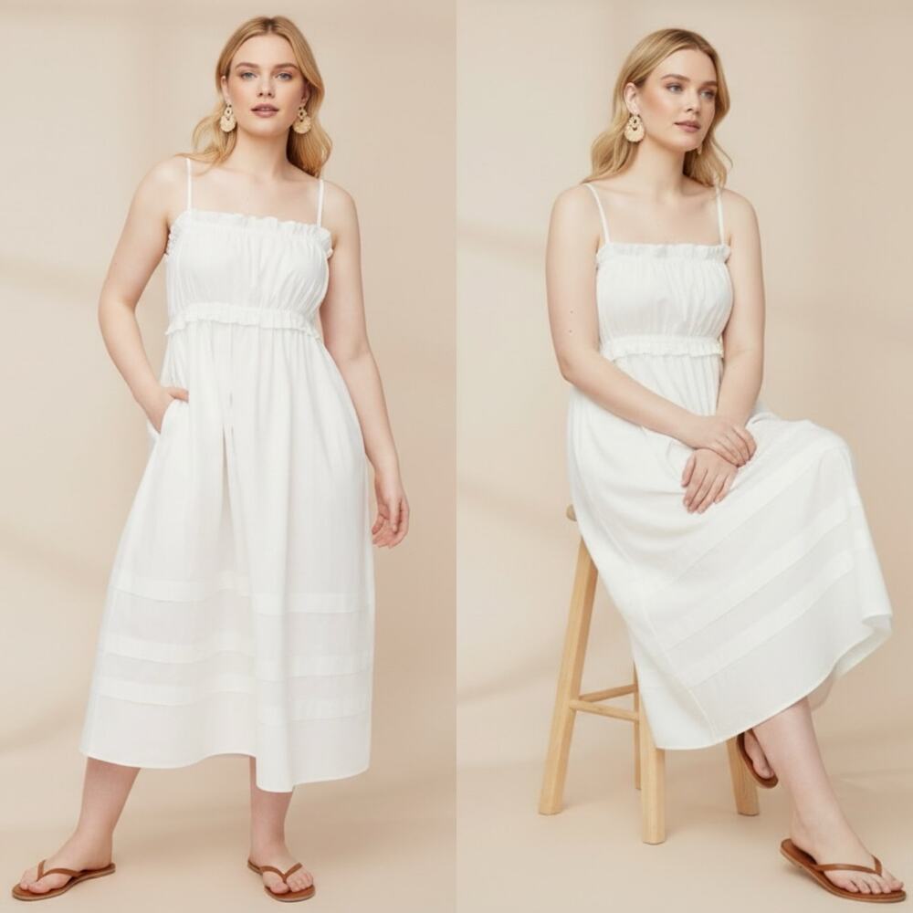 J. Crew Square Neck Ruffle Maxi Dress White Sz 14 Minimalist Coastal Bohemian